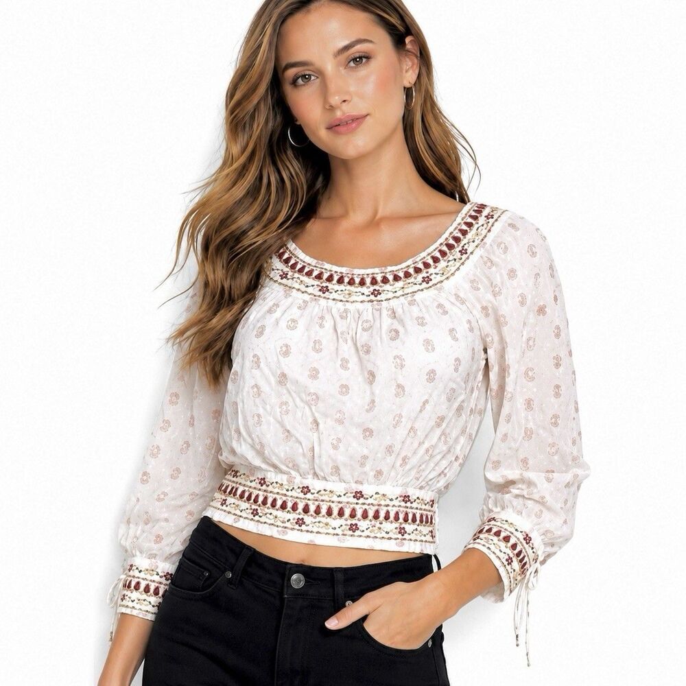 Anthropologie Beaded Embroidered Peasant Crop Top Small Boho India Metallic Dot